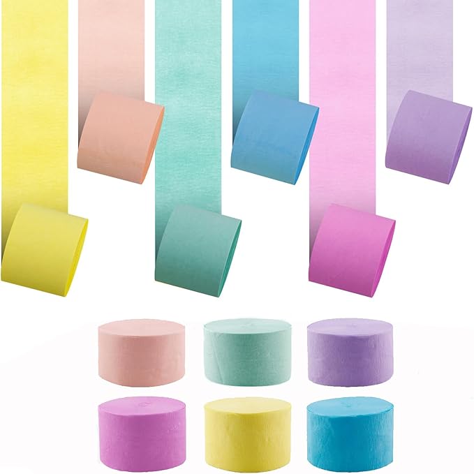 Large Crepe Paper Streamers 6 Rolls 2.2 Inch x 123 Ft/Roll Party Streamers for Party Backdrop Craft Tissue Paper Decorations Wedding Birthday Graduation Decor DIY Supplies - Macaron
