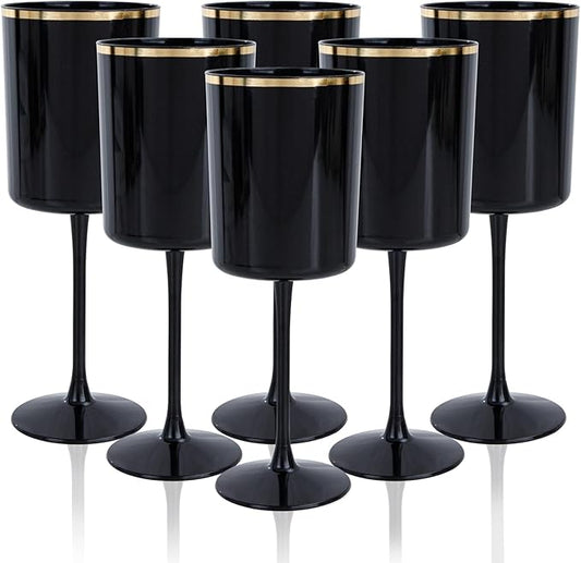 Ciaell 12 Pack 10 OZ Black Plastic Wine Glasses with Stem - Black and Gold Disposable Wine Glasses Perfect for Parties & Weddings & Toasting & Outdoors & Camping & Halloween