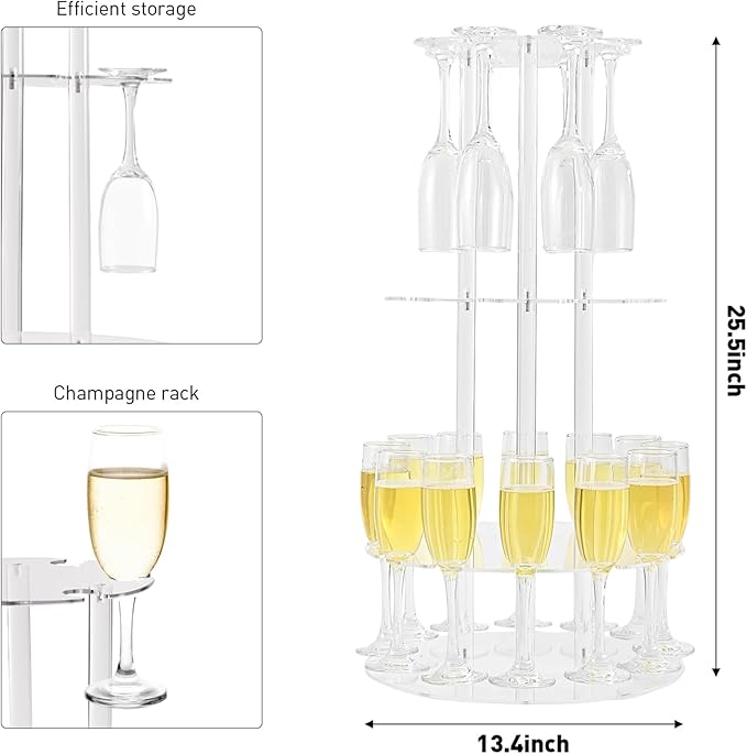 Champagne Tower, Circle Acrylic Champagne Display Rack Stand with 28 Slots, 3 Tier Floating Sight Champagne Flute Holder for Party, Wedding, 13.4x13.4x25.5 inch