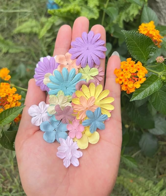 100 Pcs Handmade Mixed Flowers Mulberry Paper Flowers 18 mm - 1.5 Inch Scrapbooking Wedding DIY Craft Supplies Card (Pastels Tone)