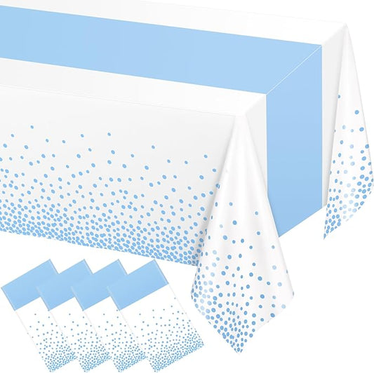 WNINK 4 Pack White and Light Blue Tablecloths, Light Blue Disposable Plastic Waterproof Table Cover, 54" x 108", for Birthday, Baby Shower，Wedding, Bridal Shower, Picnic Camping Parties