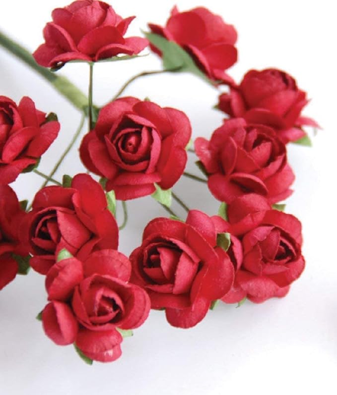 144pcs Mulberry Paper Mini Roses Artificial Flowers Heads with Stems for DIY Crafts Accessories Make Bridal Hair Clips Headbands Dress Wedding Bridal Bouquets Party Home Decor Valentine's(Red)