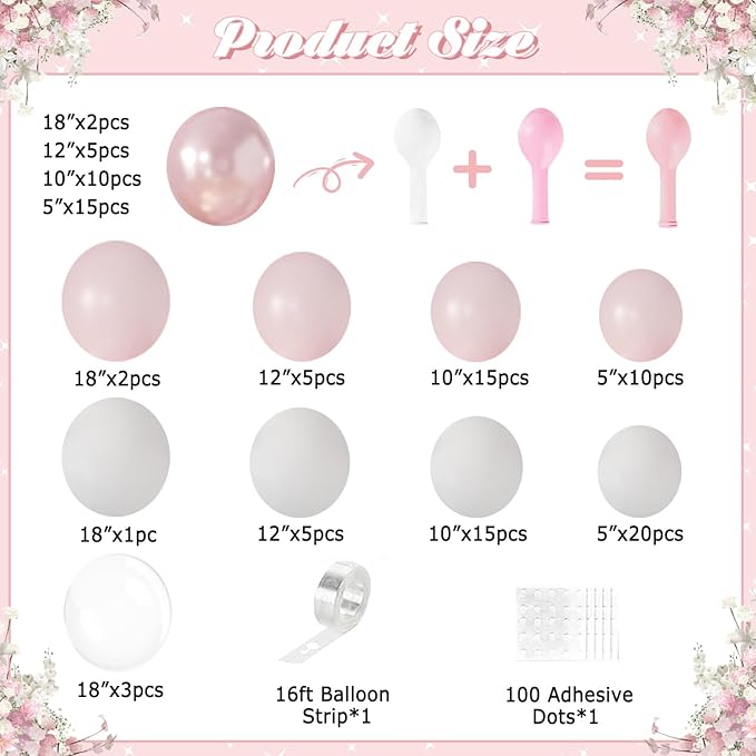 Pink Balloon Arch Kit 108Pcs Double Stuffed Balloons Garland Including Pink Pearl White Macaron Pink Balloons Different Size for Wedding Birthday Baby Shower Bachelorette Party Decorations