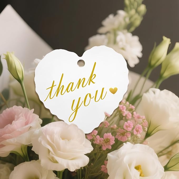 50pcs Gold Foil Thank You Tags with String, Pre-Punched Hole Gift Tags with String - Perfect for Weddings, Baby Showers, Parties, Celebrations - Thanks You (2.36"*2.16")