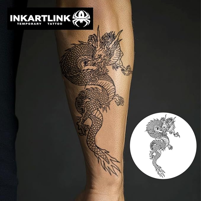 INKARTLINK Tattoo Tech,2 Sheets Extra-Large Semi Permanent Tattoo,Adult Art Design Temporary Tattoos, Lasts 1-2 Weeks, Waterproof, Realistic look, No Adhesive, No reflection (Dargon Design）