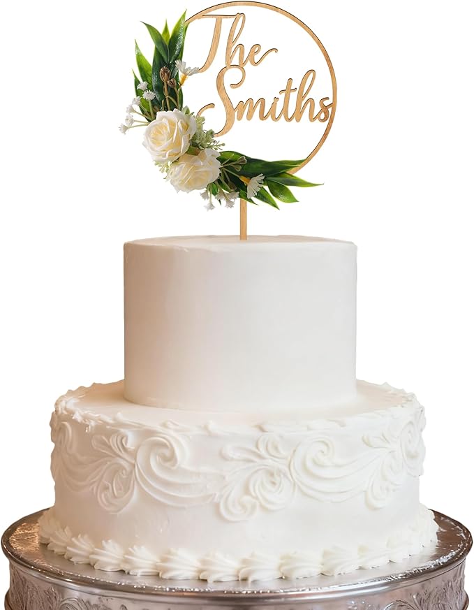 3D Flowers Wedding Cake Topper Custom Last Name Wedding Cake Decoration in Wood with 3D Artificial Roses (Oak)