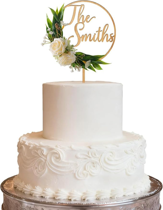 3D Flowers Wedding Cake Topper Custom Last Name Wedding Cake Decoration in Wood with 3D Artificial Roses (Oak)