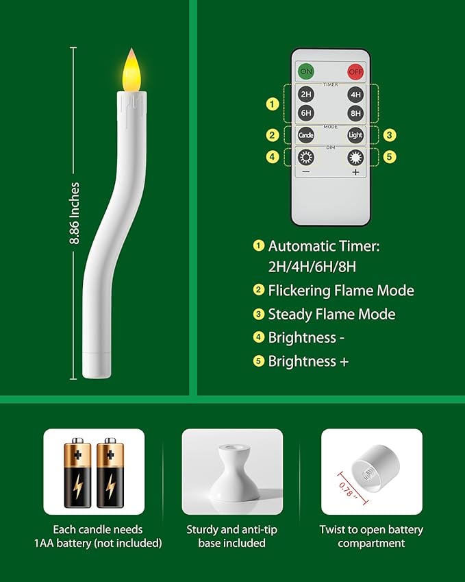 COOLWUFAN Window Candles with Remote Timer, 3 Pcs Flameless Taper Candles Battery Operated with White Holder, Realistic LED Flickering Flame Dripless, Christmas Decorations Indoor for Home Party Fall