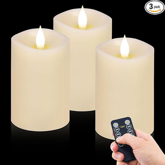 3PCS, 3 x 5 inches Flameless Candle with Remote Control, 3D Flickering Wick, Real Wax, Battery Candles,with Timer,Battery Powered Candles,for Holiday Home Decor,Ivory