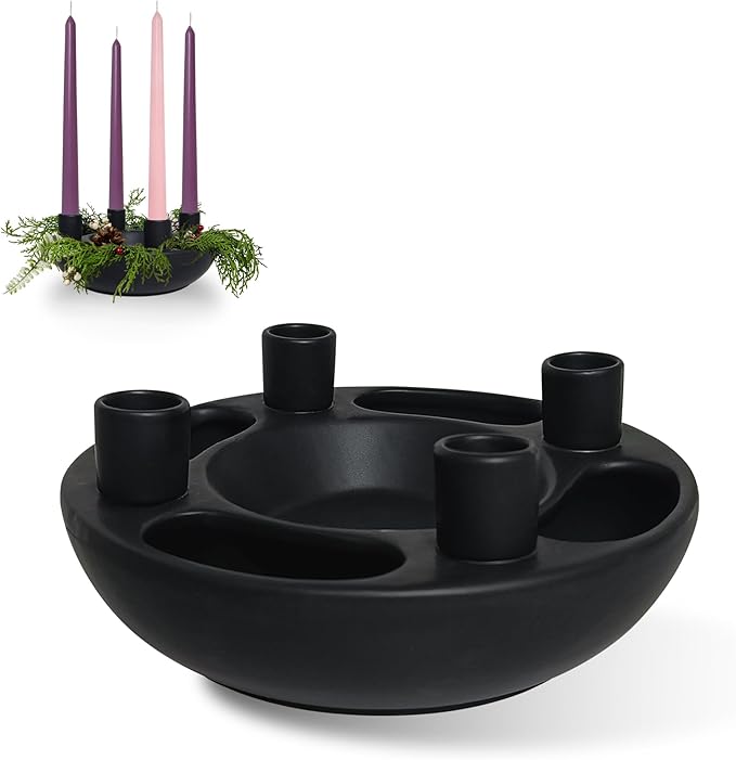 Christmas Advent Wreath Candle Holder 4 Taper Candlestick Seats Black Ceramic Candle Stand for Holiday Modern Home Party Kitchen Island Table Decor (Without Candles)