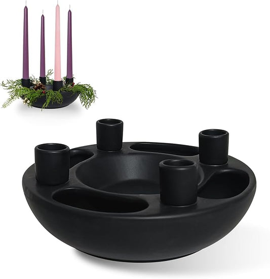 Christmas Advent Wreath Candle Holder 4 Taper Candlestick Seats Black Ceramic Candle Stand for Holiday Modern Home Party Kitchen Island Table Decor (Without Candles)