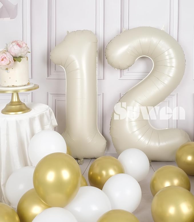 SUWEN 40 Inch Cream White Large 12 Number Balloons Big Foil Helium Number Balloons 0-9 Jumbo Happy 12th Mylar Birthday Party Decorations for Boy or Girl 21 Anniversary Party Supplies