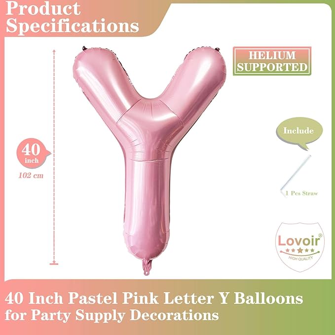 Lovoir 40 Inch Pink Letter Y Balloon - Pastel Foil Mylar Helium Balloons for Birthday Party Supplies, Anniversary Event Celebration Decorations