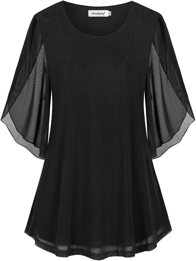 Ninedaily Women's Tops 3/4 Sleeve Blouses Dressy Casual Double Layers Mesh Tunic Shirts