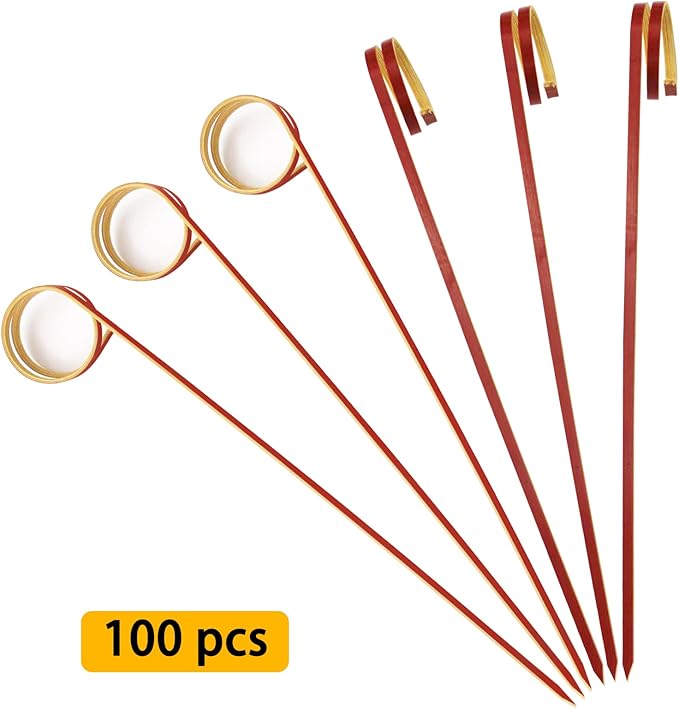BLUE TOP Bamboo Cocktail Picks 100 PCS Red Bamboo Skewers 6 Inch with Looped Ring,Food Picks,Party Toothpicks for Appetizers,Cocktail Drinks,Barbecue Snacks,Club Sandwiches.