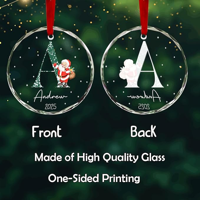 Personalized Round Christmas Crystal Glass Ornaments Custom 2025 Name Ornament for Christmas Tree Decor Customized Xmas Santa Claus Tree Hanging Gifts for Family