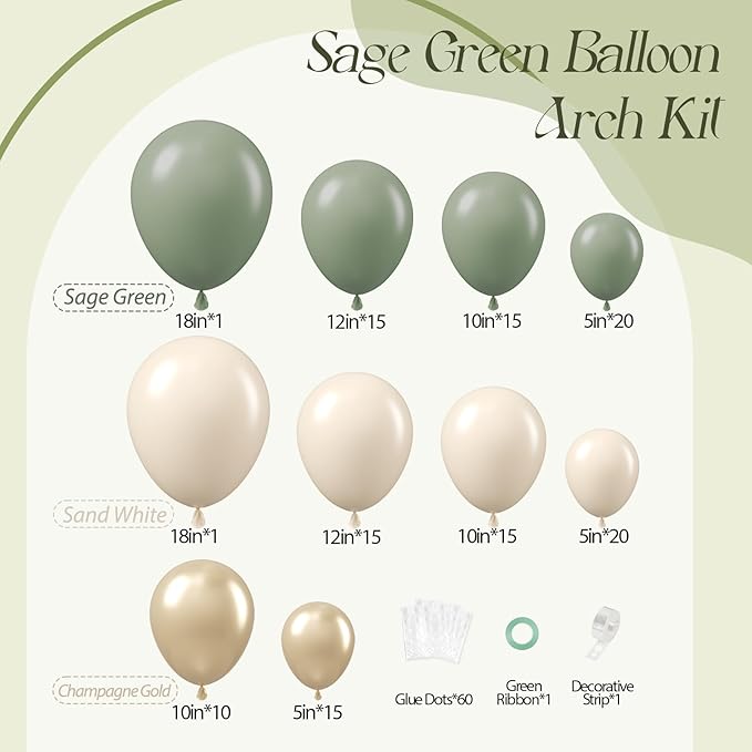 130Pcs Sage Green Balloon Garland Arch Kit with Sage Green Sand White Gold Balloons for Baby Shower Bridal Shower Birthday Engagement Birthday Party Decorations