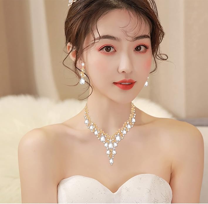 CSY Elegant Crystal Costume Jewelry Sets Flower Bridal Necklace Earrings Stretch Bangle Set for Bride Bridesmaid Wedding Dress Accessories