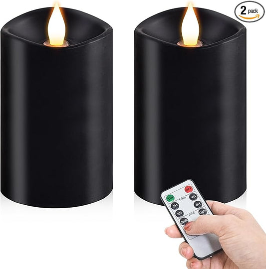 2PCS, 3 x 5 inches Flameless Candle with Remote Control, 3D Flickering Wick, Real Wax Pillar LED Candles, Battery Operated Candles,with Timer,for Holiday Home Decor, Black