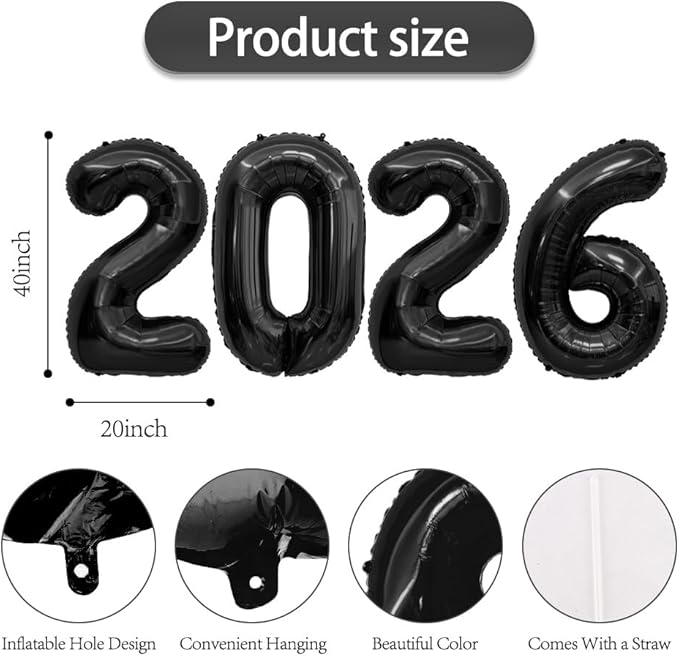 2026 Balloons, 40 Inch Foil Number Balloons, 2026 Balloon Numbers, Number Balloon for New Year Eve Festival Christmas Birthday Wedding Anniversary Party Supplies, New Years Decorations Black