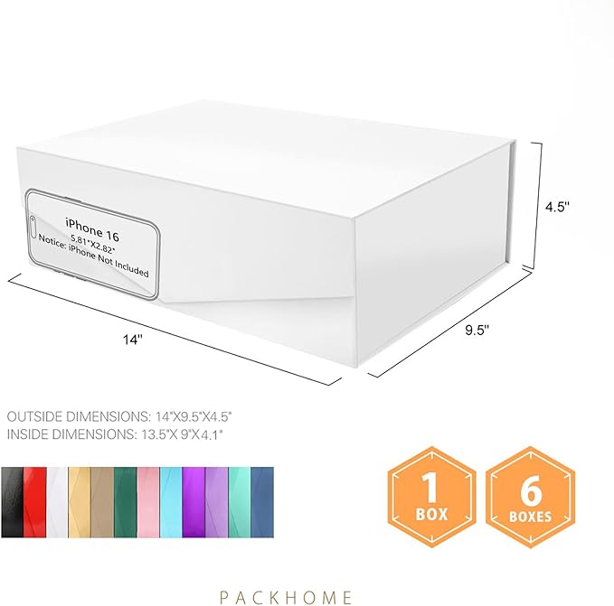 PACKHOME Large Gift Box with Lid 13.5x9x4.1 Inches, Sturdy Collapsible Gift Box with Magnetic Closure (Glossy White)