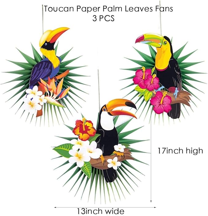 Tropical Bird Toucan Leaf Garland Party Kit for Summer Hawaiian Luau Tiki Tropical Jungle Themed Party Decorations Luau Party Supplies Decor with Palm Leaves Paper Fan Paper Lanterns