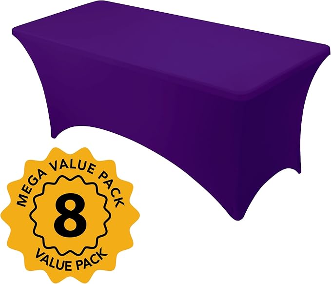 8-Pack Premium Purple Spandex Tablecloths for 6ft Rectangle Tables, Stain & Wrinkle-Resistant, Washable Stretch Polyester Fitted Table Cover for Weddings, Banquets, Trade Shows Events