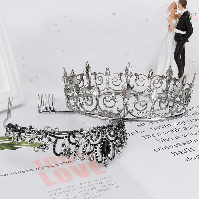 AOPRIE King & Queen Tear Drop Tiara and Crown for Women Men Crystal Hair Accessories for Wedding Prom Bridal Birthday Party Halloween Costume Christmas Gifts Black Princess Tiara for Girls Boys