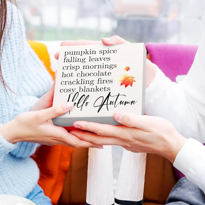 Funny Autumn Wood Box Sign Hello Autumn Wooden Block Desk Decor for Home Office Kitchen Cubicle Table Shelf Tabletop,Farmhouse Fall Sign Decor