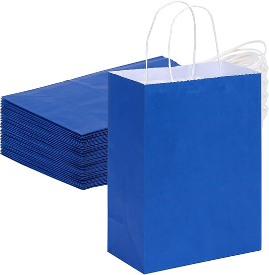 OUTUXED 35pcs Blue Gift Bags, Kraft Paper Bags with Handles, 7.1x3.6x9.3in Medium Size Blue Paper Bags for Retail, Gift Wrapping, and Shopping