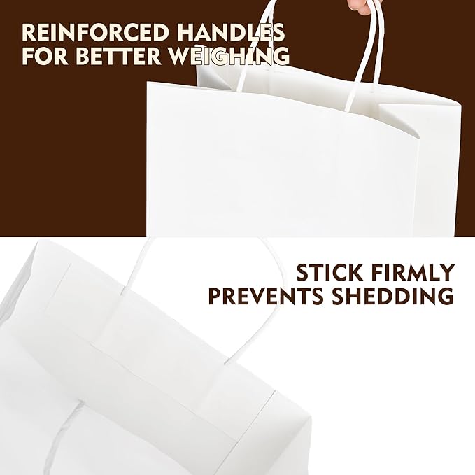 YEEHAW Medium Gift Bag, 50Pcs White Kraft Paper Bags with Handles, Eco-Friendly, Bulk Pack, 8''x4.5''x10.8'', Ideal for Wedding, Birthday, Party Favors, Holiday Gifts, Retail Bags