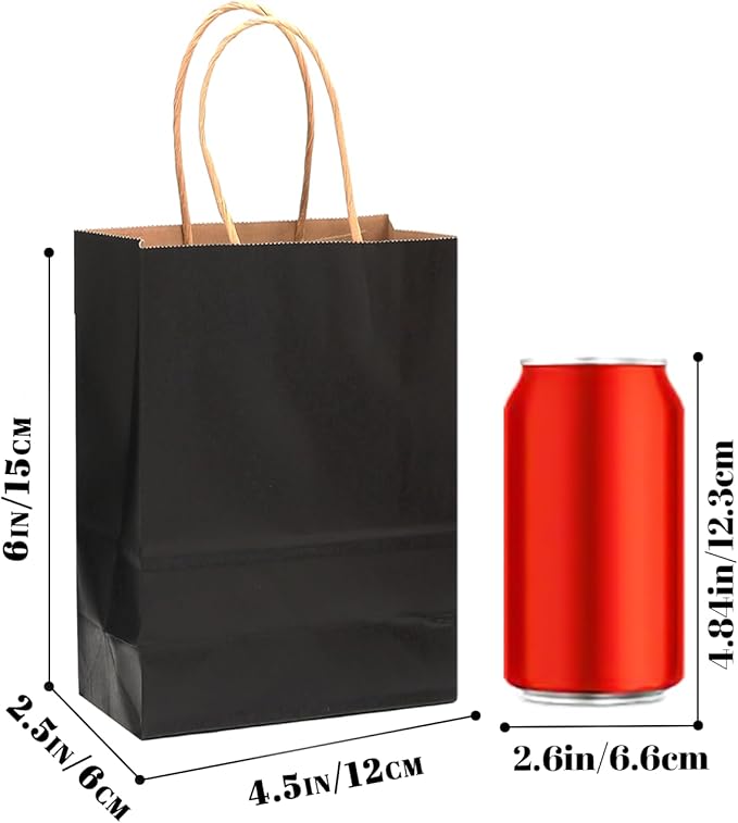 qiqee 30-Packs Black Gift Bags with Handles Bulk 4.5"x2.5"x6" Mini Size Kraft Party Paper Bags