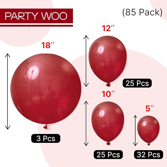 PartyWoo Burgundy Balloons, 85 pcs Wine Red Balloons Different Sizes Pack of 18 Inch 12 Inch 10 Inch 5 Inch Maroon Balloons for Balloon Garland or Balloon Arch as Birthday Party Decorations, Red-Y62