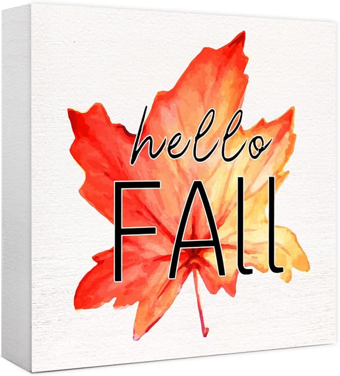 Funny Hello Fall Wood Box Sign Hello Autumn Maple Leaves Wooden Block Desk Decor for Home Office Kitchen Cubicle Table Shelf Tabletop,Farmhouse Fall Sign Decor
