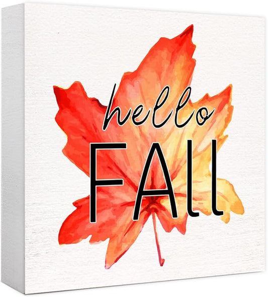 Funny Hello Fall Wood Box Sign Hello Autumn Maple Leaves Wooden Block Desk Decor for Home Office Kitchen Cubicle Table Shelf Tabletop,Farmhouse Fall Sign Decor