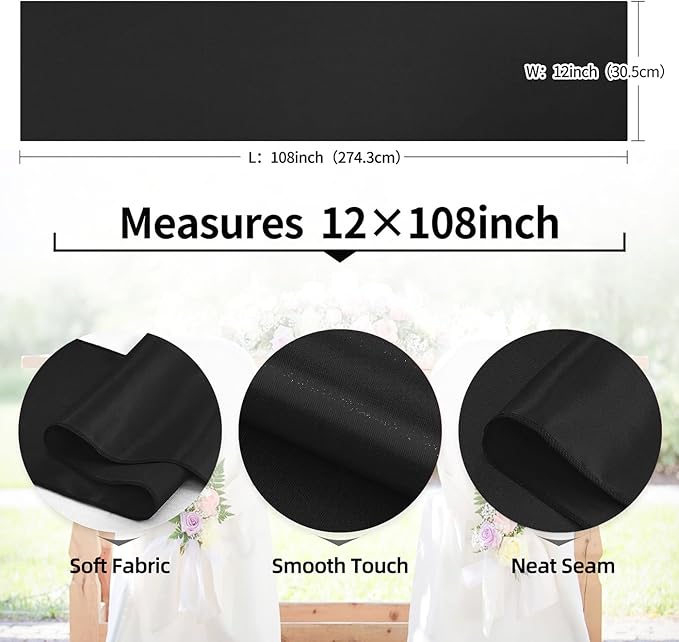 10 Pack Satin Table Runner Black 12 x 108 Inch Long,Satin Silk Table Runner for Wedding,Birthday Party and Banquet(Black,10 Pack)