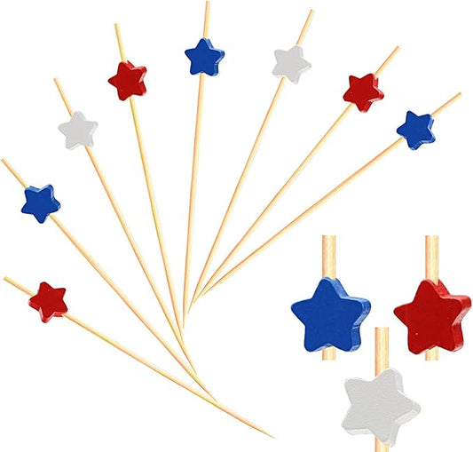 100pcs Red White Blue Star Cocktail Picks Fruit Sticks Food Toothpicks Sandwich Charcuterie Appetizer Skewers, Handmade of Bamboo Wood, for Fourth of July Independence Day Decoration Party Supplies