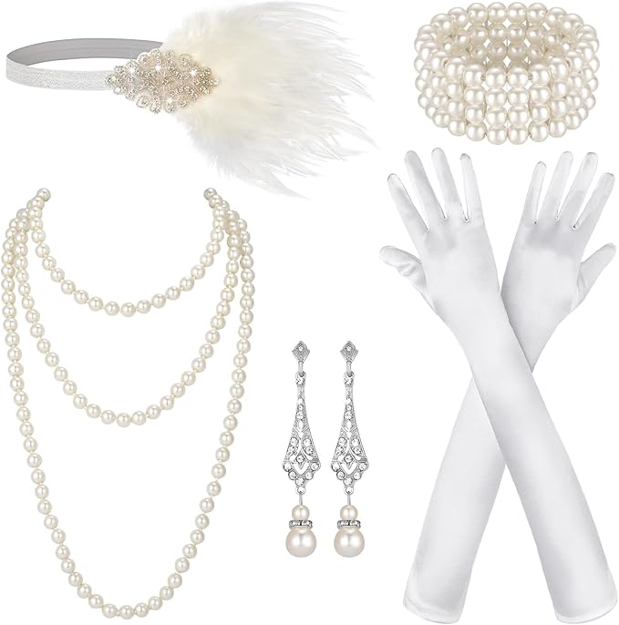 Maitys 1920s Accessories Set for Women Flapper Costume Feather Headband Necklace Bracelet Earrings