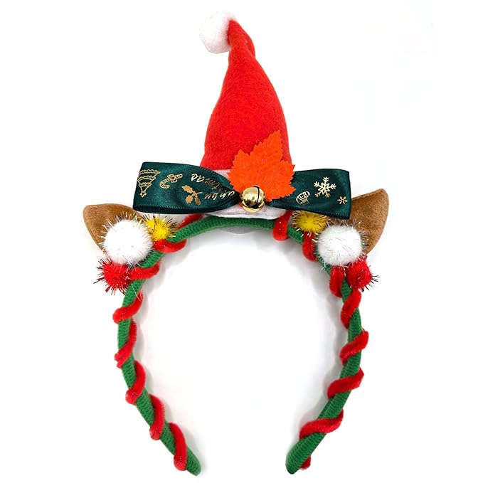 Christmas Unicorn Headband with Santa Hat Horn, Green Bow & Gold Bells - Festive Xmas Party Hair Accessories for Women, Christmas Cosplay Hairband,Holiday Festival Gift Supplies