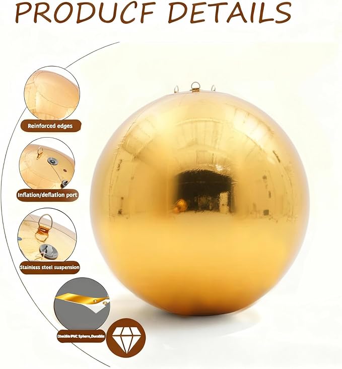 6PCS Gold Inflatable Mirror Ball,Big Shiny Balls Inflatable,Reusable PVC Mirror Balls,Large Hanging Balloon Disco Ball with Air Pump for Wedding Event Birthday Party Decor