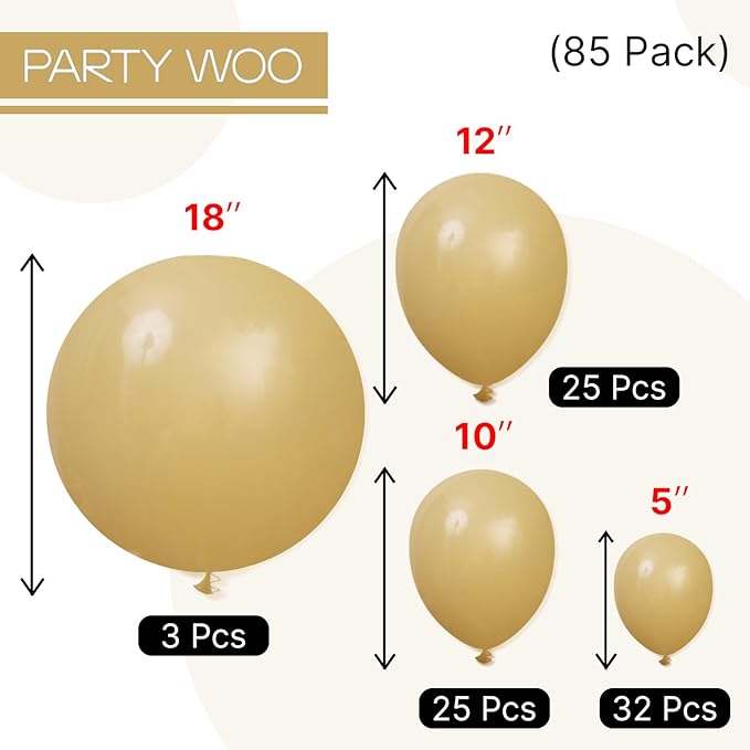 PartyWoo Tan Balloons, 85 pcs Boho Tan Balloons Different Sizes Pack of 18 Inch 12 Inch 10 Inch 5 Inch Light Brown Balloons for Balloon Garland or Balloon Arch as Birthday Party Decorations, Tan-F19