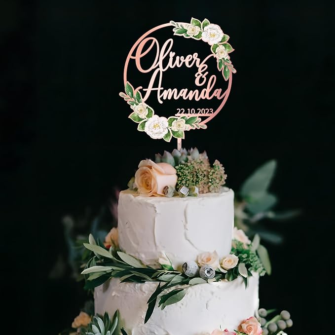 Personalized Wedding Cake Topper in Acrylic Custom Bride & Groom Name & Date Cake Decoration Printed with Flowers & Green Leaves