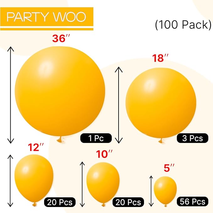 PartyWoo Mustard Yellow Balloons 100 pcs Different Sizes of 36 18 12 10 5 Inch Fall Color Orange Yellow Balloon Arch Kit Garland for Thanksgiving Baby Shower Birthday Party Decorations Orange-Y10