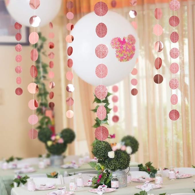 Cheerland Glitter Rose Gold Circle Dot Garland for Rose Gold Party Decorations Hanging Banner Streamer Backdrop Decor Birthday Bday Bridal Shower Bachelorette Ramadan EID Graduation Party Supplies