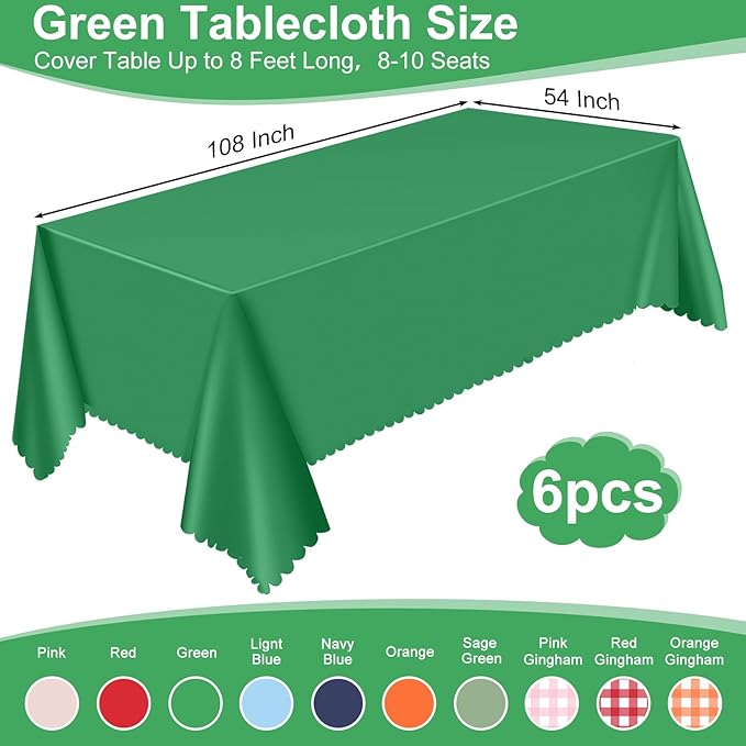 6 Pack Green Plastic Tablecloth, 54 x 108 inch Christmas Scalloped Tablecloths Disposable Green Table Cloth for RectangleTables,Waterproof Table Cover for Christmas Birthday Anniversary Party