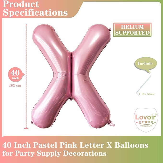 Pink Letter X Balloons, 40 Inch Pastel Pink Letter Balloons X Foil Mylar Helium Pink Letter Balloons for Birthday Party Supplies Anniversary Event Celebration Decorations Alphabet Pink X