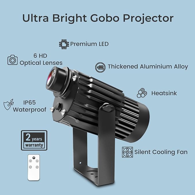 100W Logo GOBO Projector for Business, IP65 Waterproof Rotational with Dual Cooling System Outdoor LED Light, DJ Effect Light with Remote Control and Glass Lens for Indoor and Outdoor Use