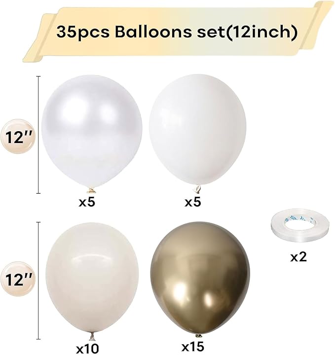 White and Gold Balloons, 12 Inch White Sand Gold Metallic Latex Balloons, Beige Gold Party Balloons for Boho Birthday Baby Shower Engagement Wedding Anniversary Party Decorations