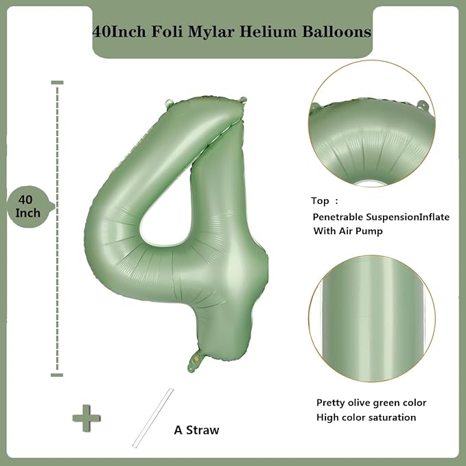 40 Inch Green Number Balloon 4 Olive Green Foil Balloon Sage Green 4 Balloons Mylar Helium Balloon for Birthday Party Decorations Girls Boys Baby Shower Wedding Anniversary Decoration (Number 4)