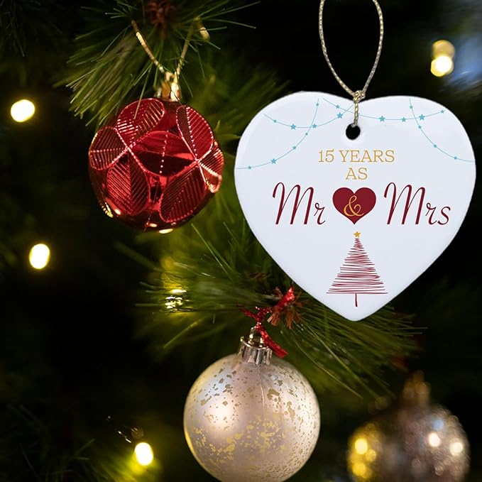 15 Years as Mr Mrs Wedding Christmas Ornament 15th for Him Her Husband Wife Couple Christmas Married Heart Ceramic Xmas Tree Ornament Decorations